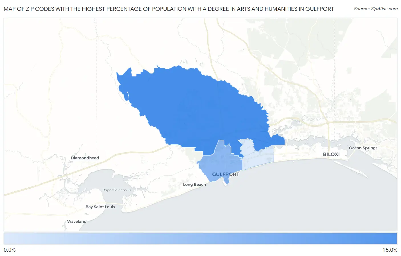 Zip Codes with the Highest Percentage of Population with a Degree in Arts and Humanities in Gulfport Map
