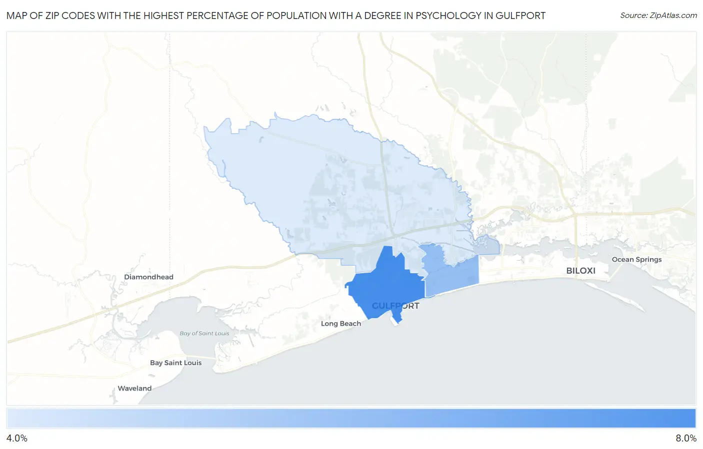 Zip Codes with the Highest Percentage of Population with a Degree in Psychology in Gulfport Map