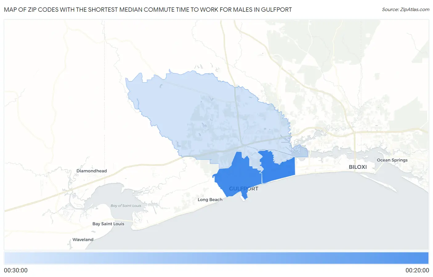 Zip Codes with the Shortest Median Commute Time to Work for Males in Gulfport Map