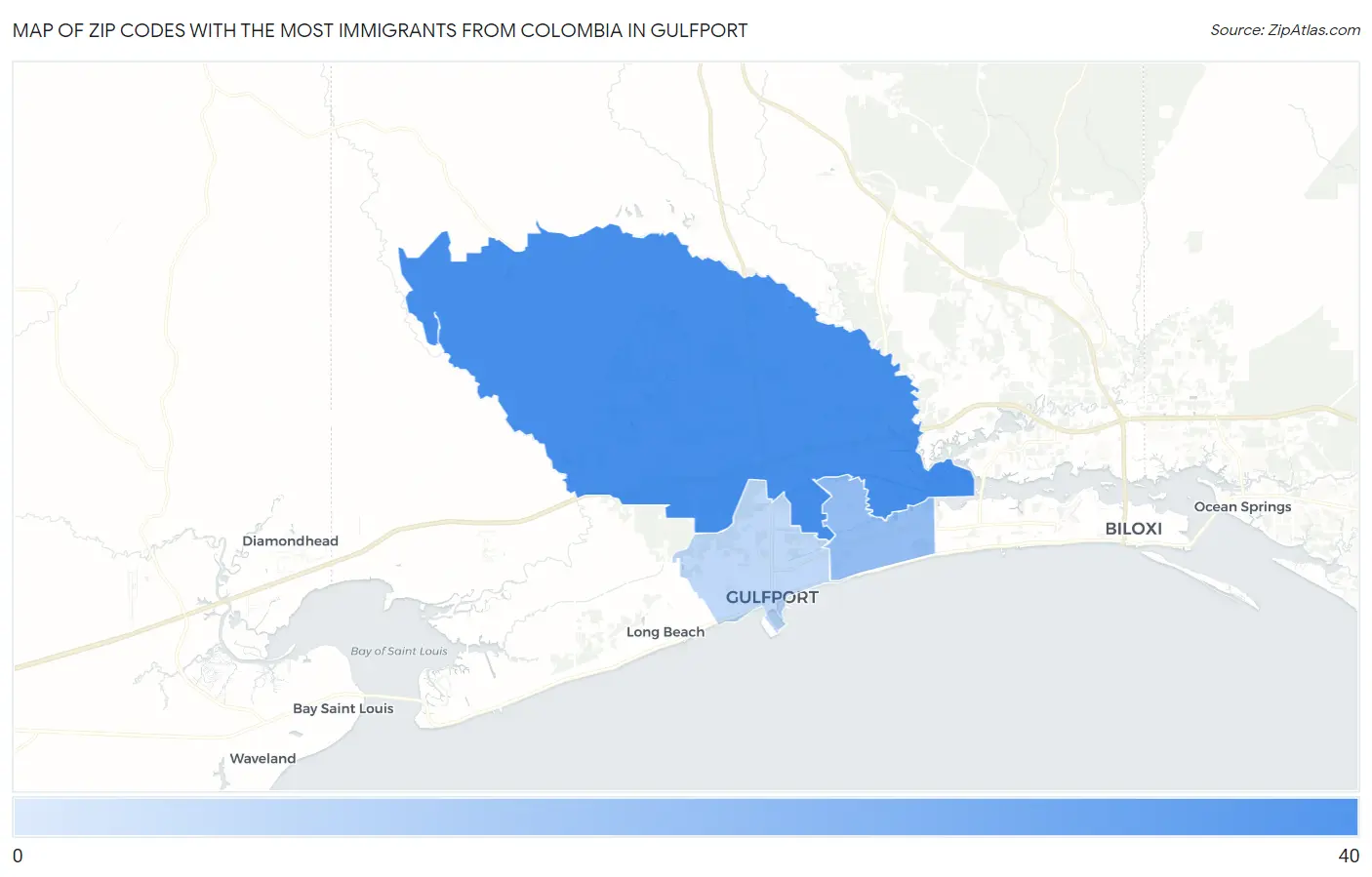 Zip Codes with the Most Immigrants from Colombia in Gulfport Map