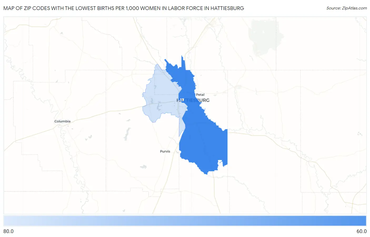 Zip Codes with the Lowest Births per 1,000 Women in Labor Force in Hattiesburg Map