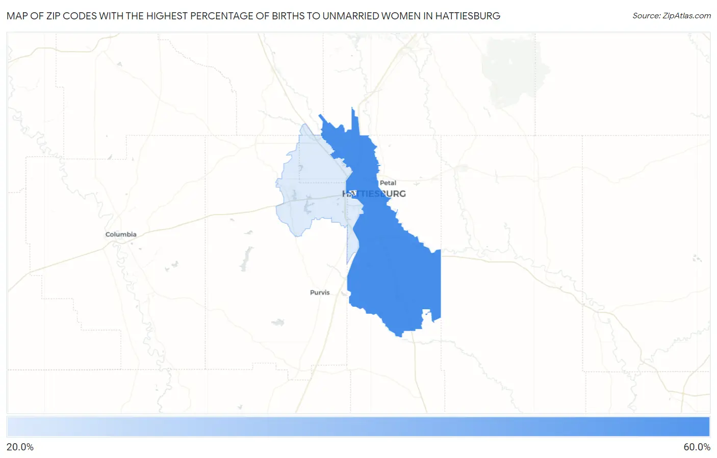 Zip Codes with the Highest Percentage of Births to Unmarried Women in Hattiesburg Map