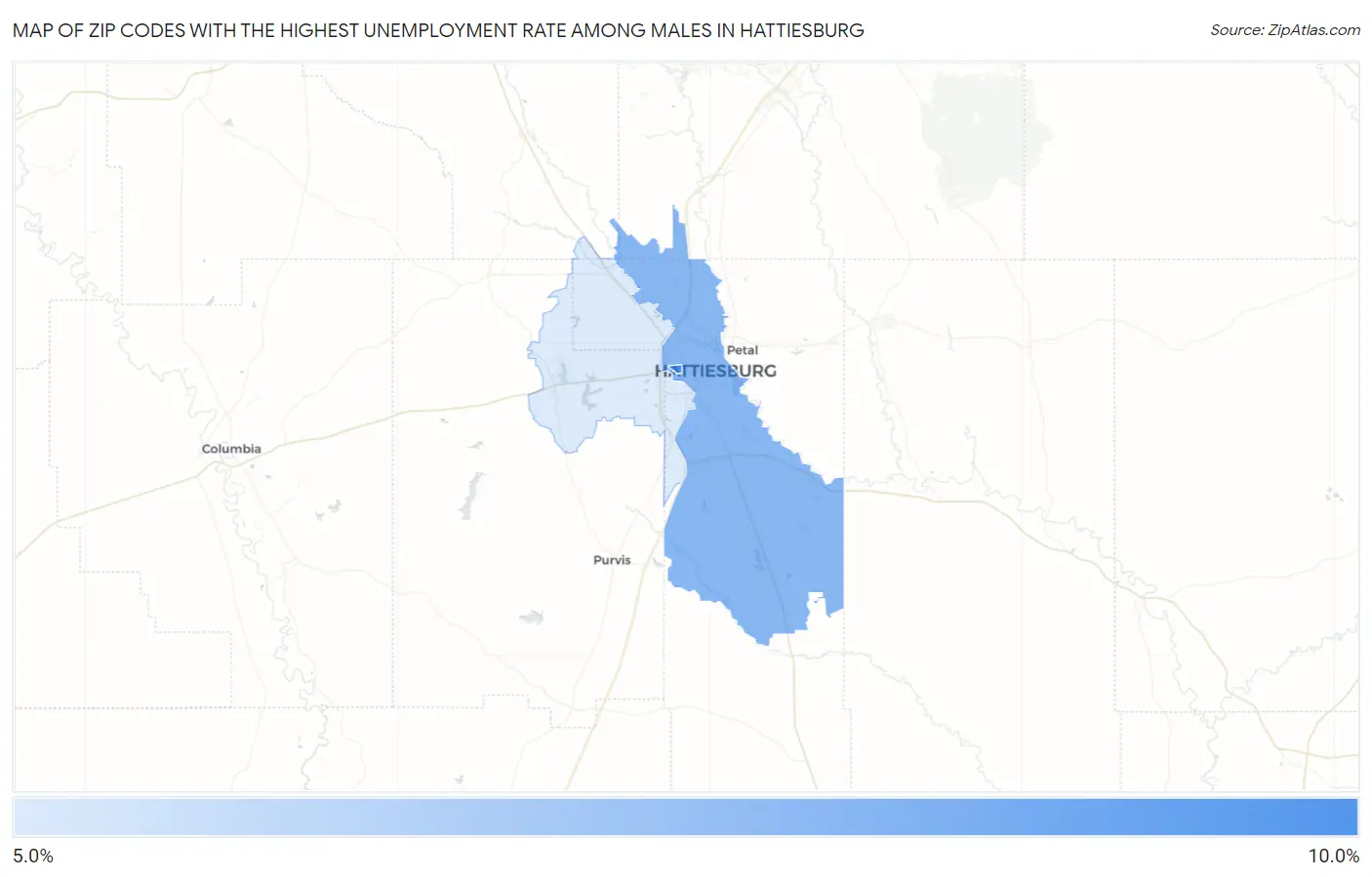 Zip Codes with the Highest Unemployment Rate Among Males in Hattiesburg Map