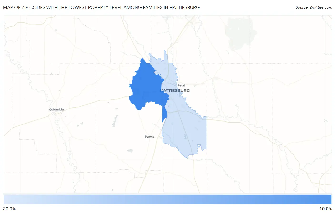 Zip Codes with the Lowest Poverty Level Among Families in Hattiesburg Map