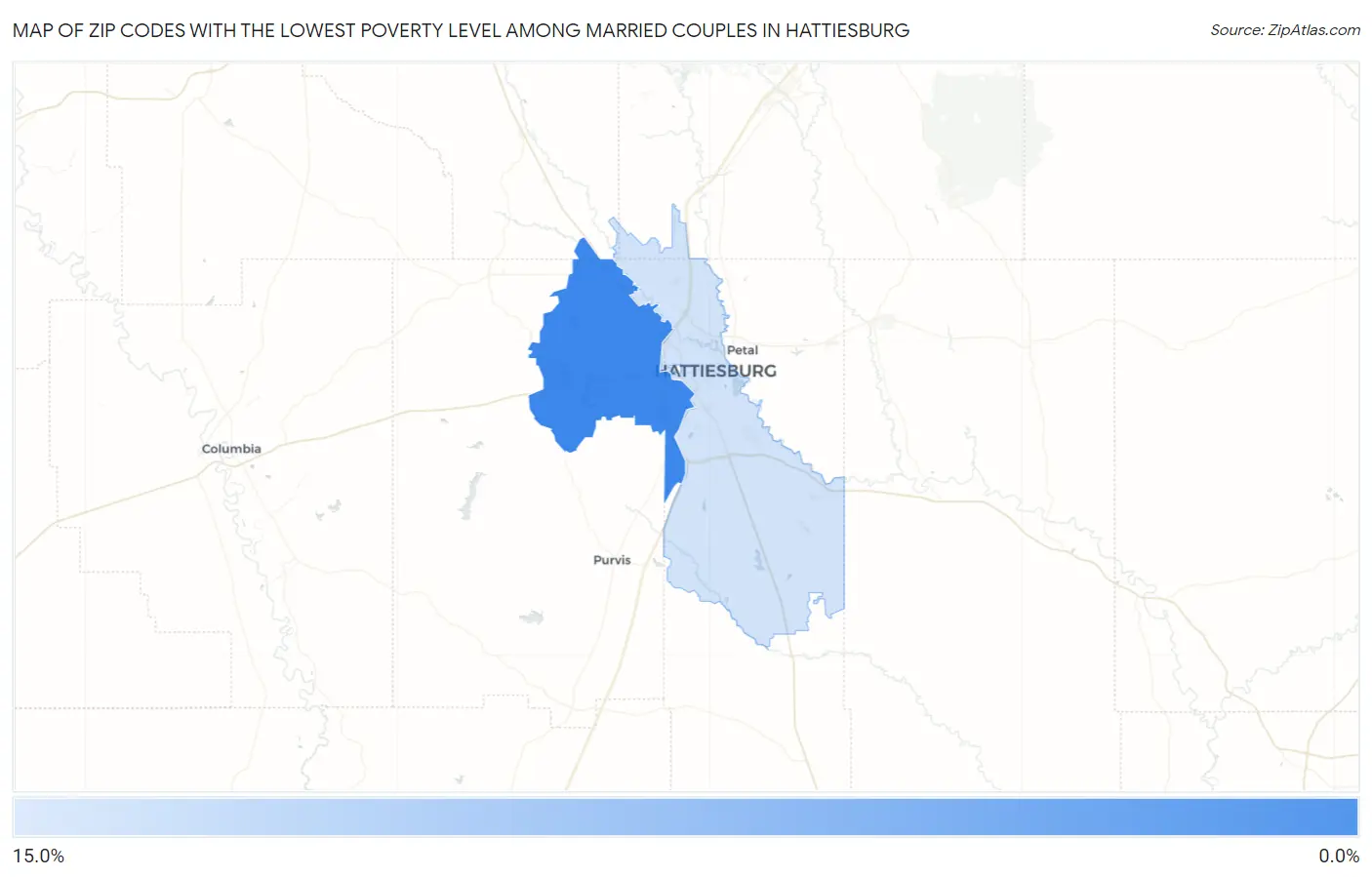 Zip Codes with the Lowest Poverty Level Among Married Couples in Hattiesburg Map