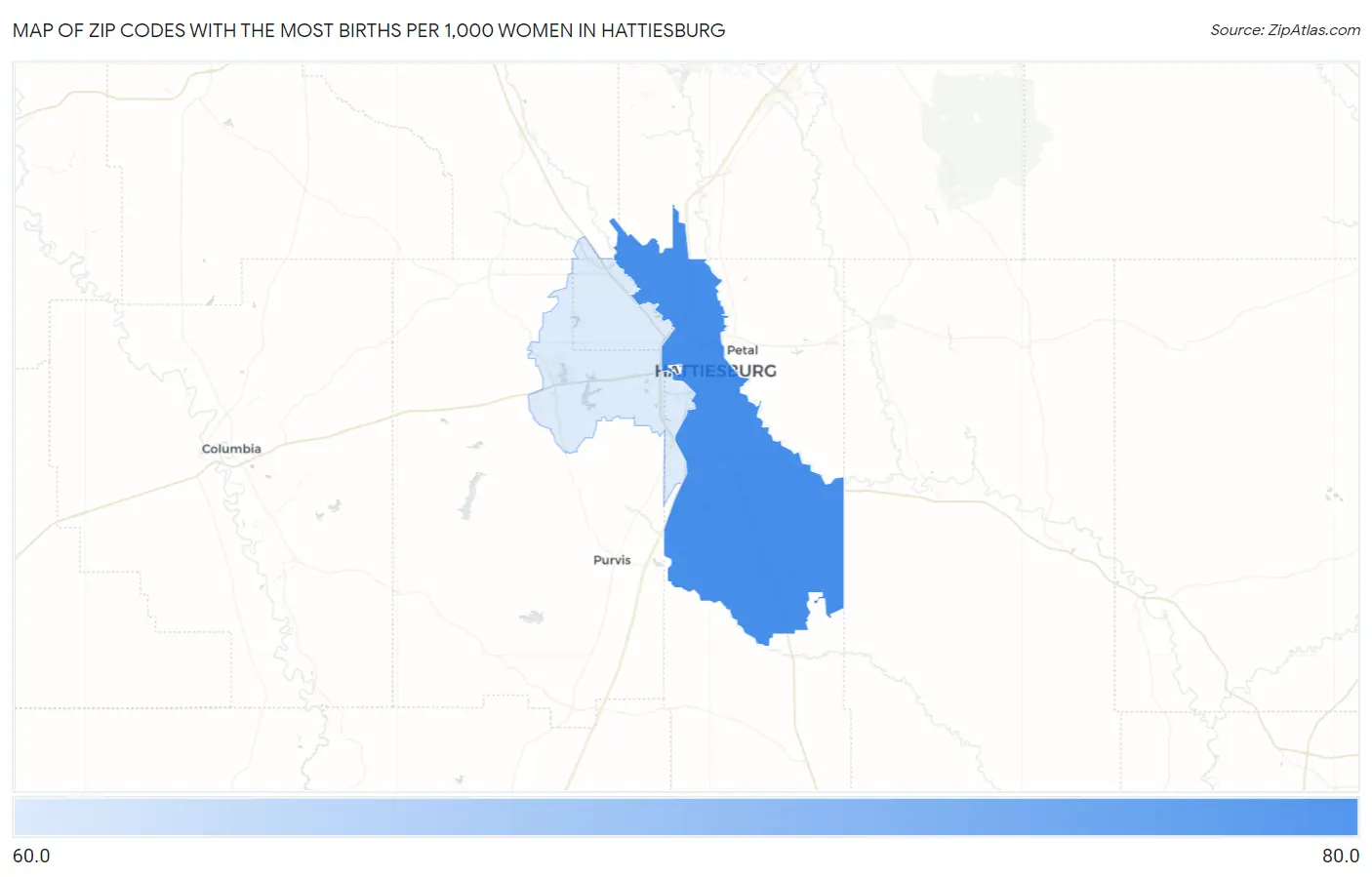 Zip Codes with the Most Births per 1,000 Women in Hattiesburg Map