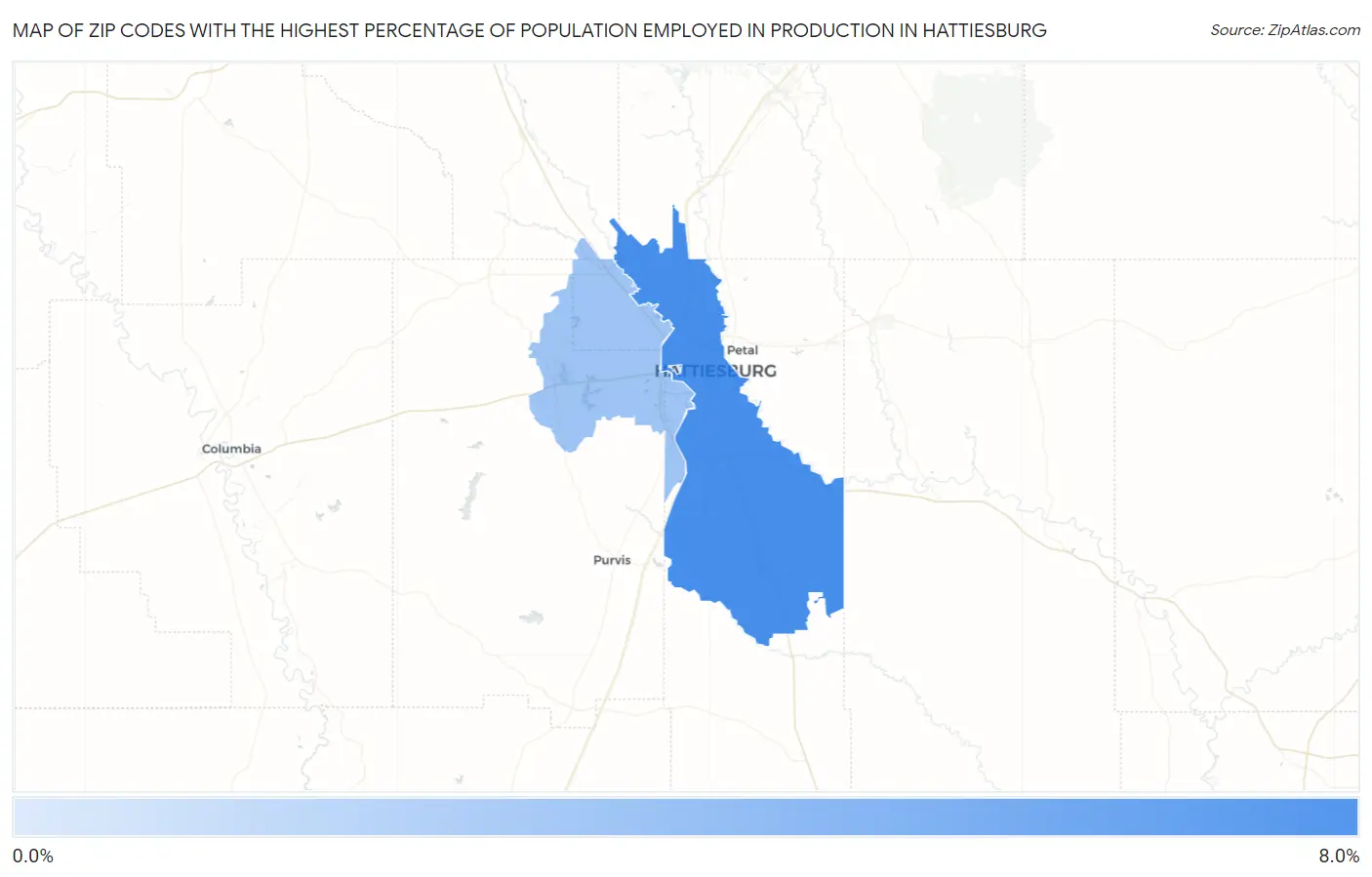 Zip Codes with the Highest Percentage of Population Employed in Production in Hattiesburg Map