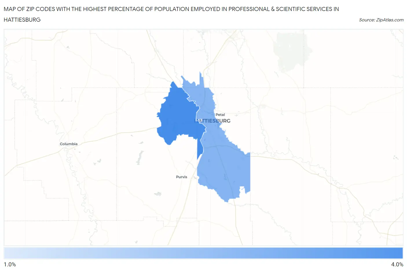 Zip Codes with the Highest Percentage of Population Employed in Professional & Scientific Services in Hattiesburg Map