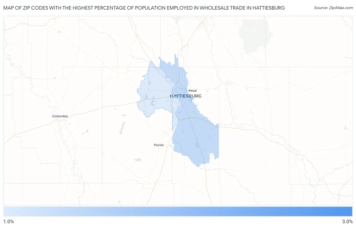Zip Codes with the Highest Percentage of Population Employed in Wholesale Trade in Hattiesburg Map