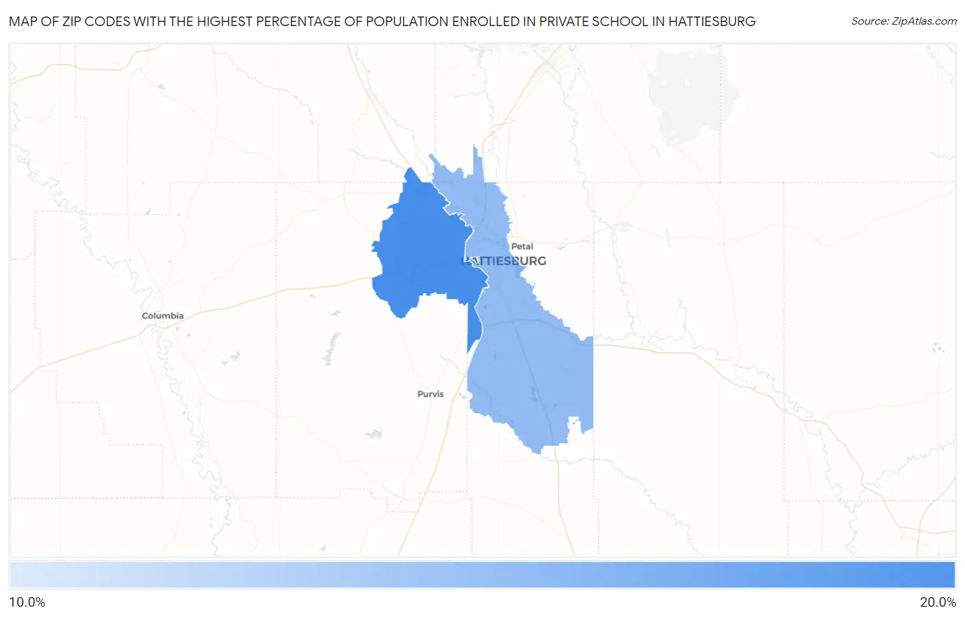 Zip Codes with the Highest Percentage of Population Enrolled in Private School in Hattiesburg Map