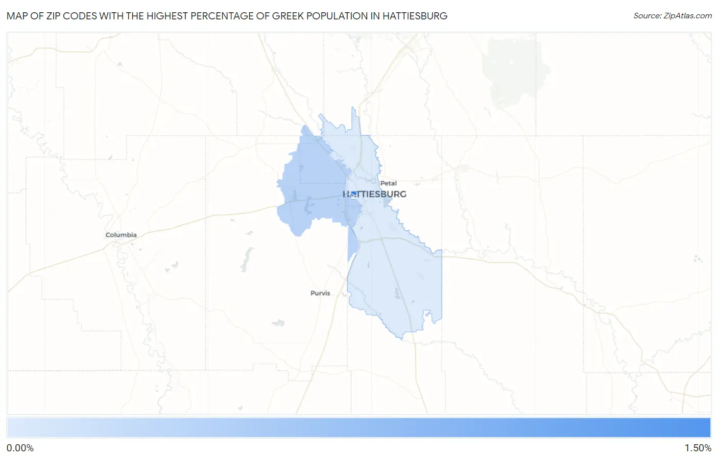 Zip Codes with the Highest Percentage of Greek Population in Hattiesburg Map
