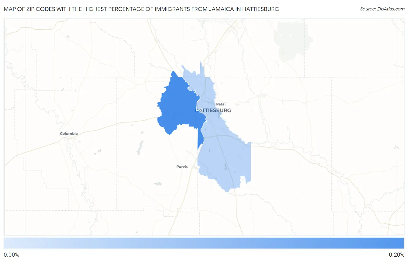 Zip Codes with the Highest Percentage of Immigrants from Jamaica in Hattiesburg Map