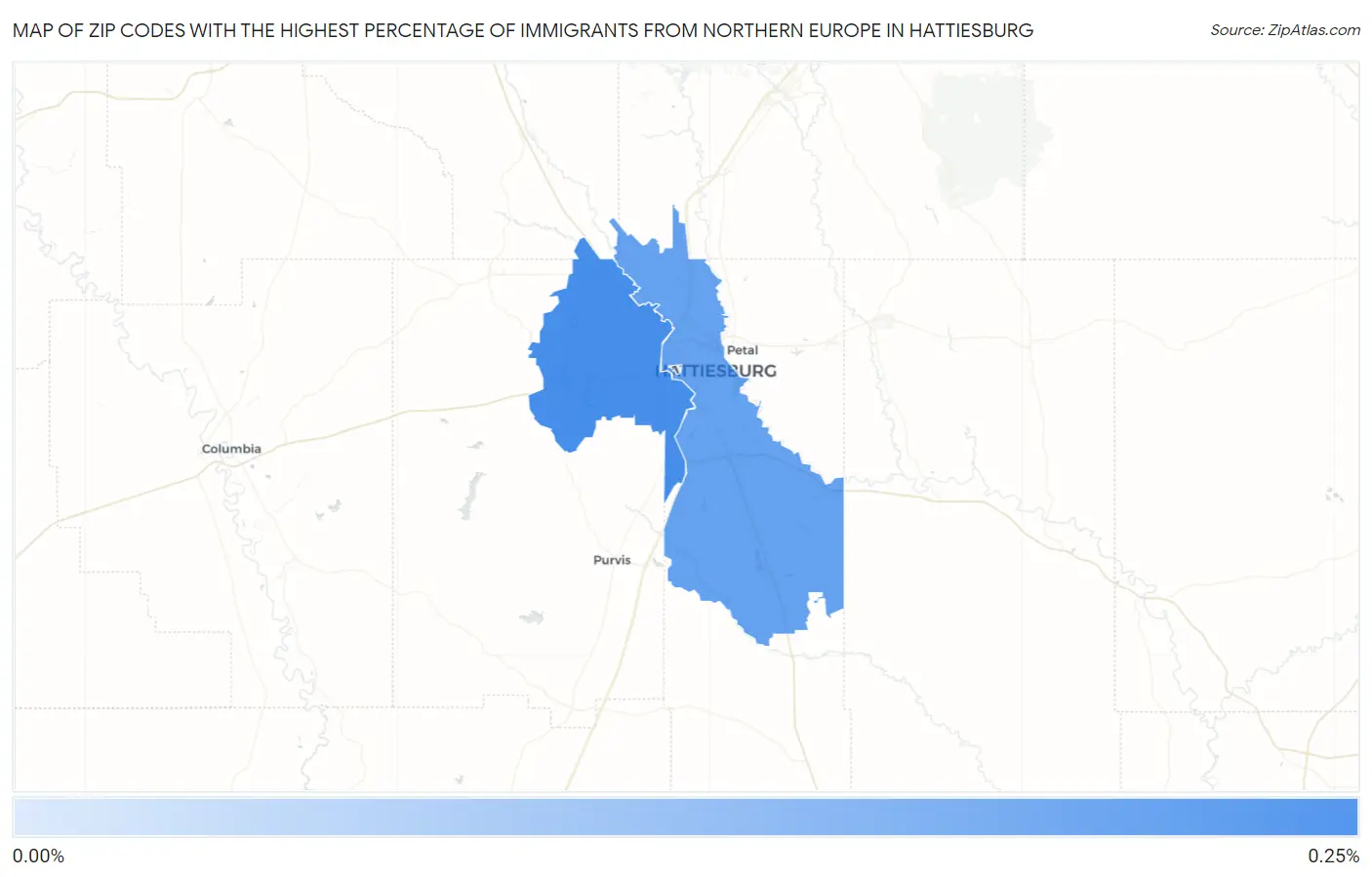 Zip Codes with the Highest Percentage of Immigrants from Northern Europe in Hattiesburg Map
