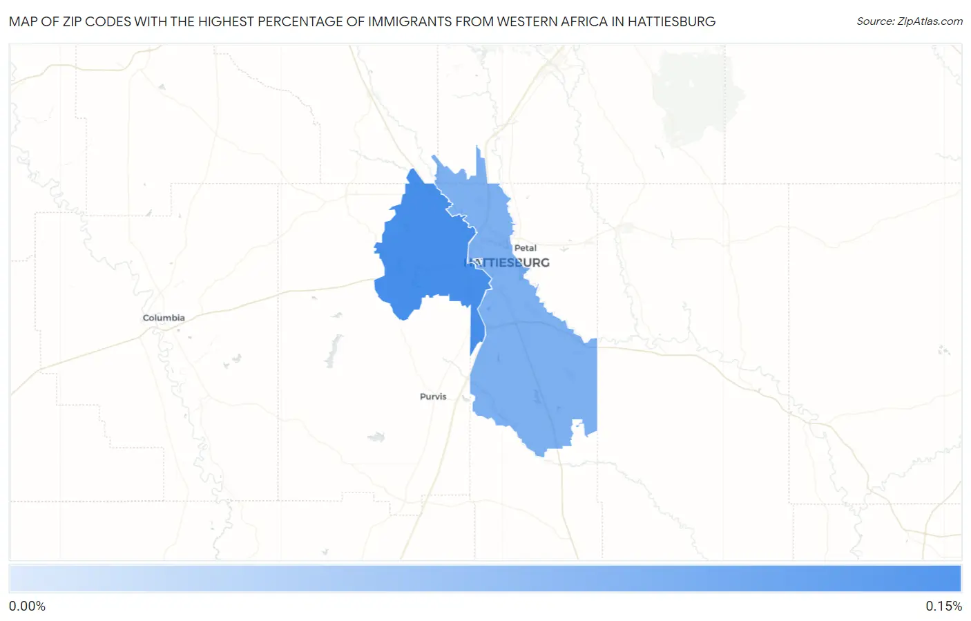 Zip Codes with the Highest Percentage of Immigrants from Western Africa in Hattiesburg Map