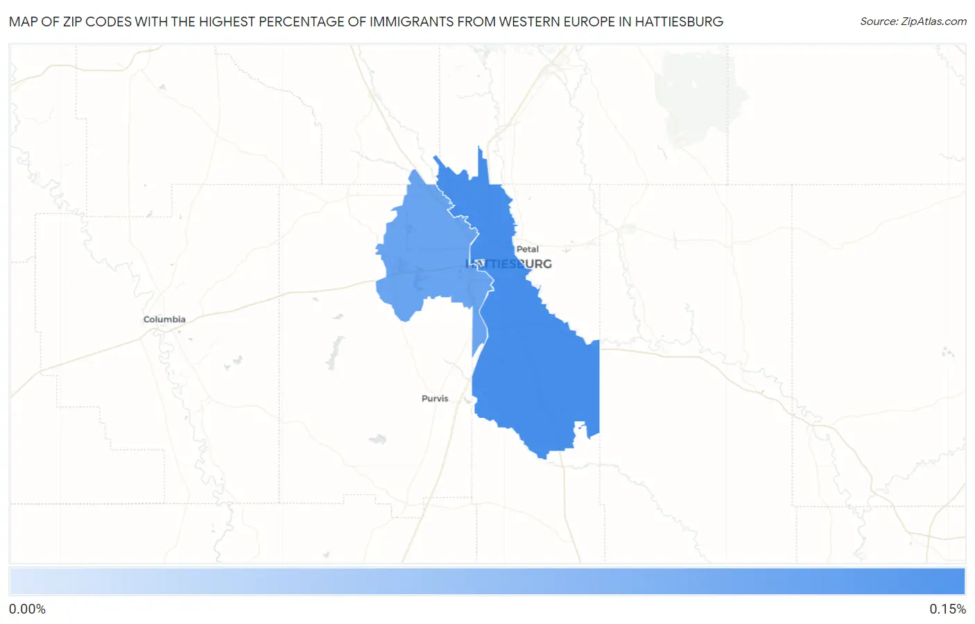 Zip Codes with the Highest Percentage of Immigrants from Western Europe in Hattiesburg Map