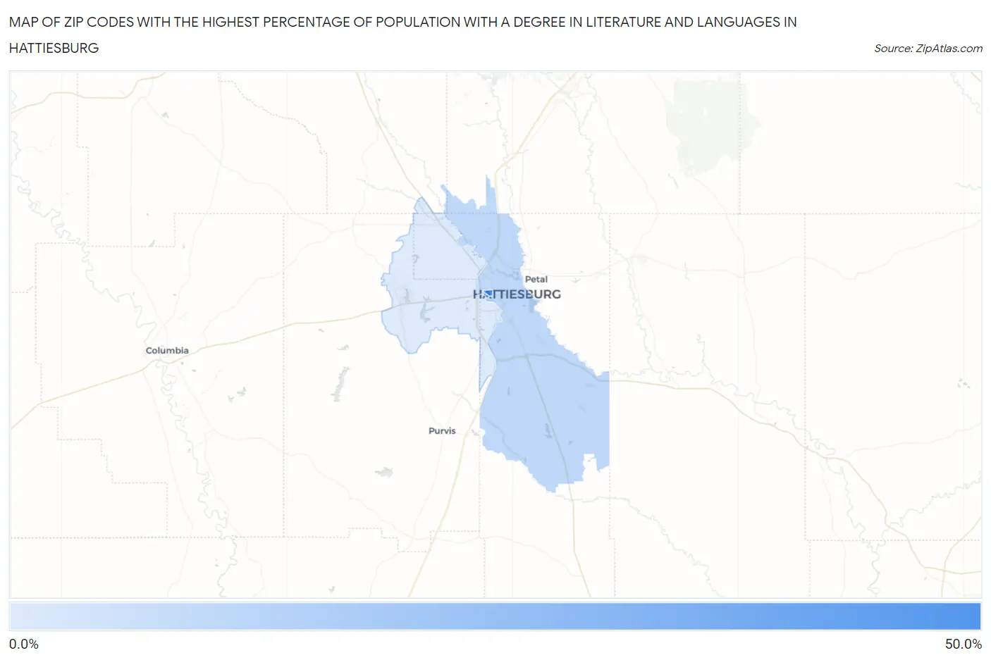 Zip Codes with the Highest Percentage of Population with a Degree in Literature and Languages in Hattiesburg Map