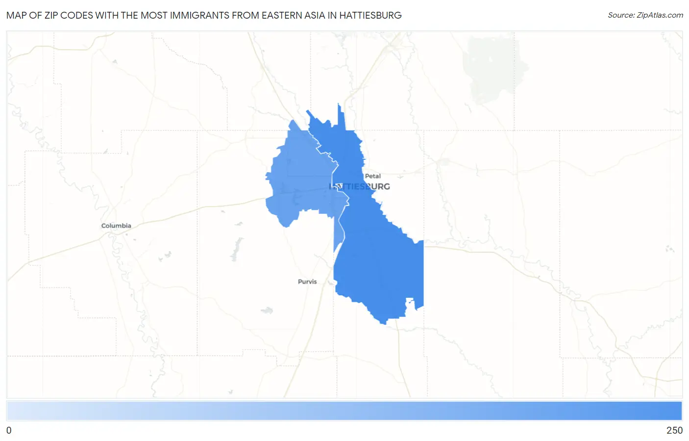 Zip Codes with the Most Immigrants from Eastern Asia in Hattiesburg Map