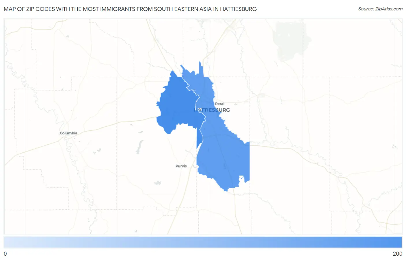 Zip Codes with the Most Immigrants from South Eastern Asia in Hattiesburg Map