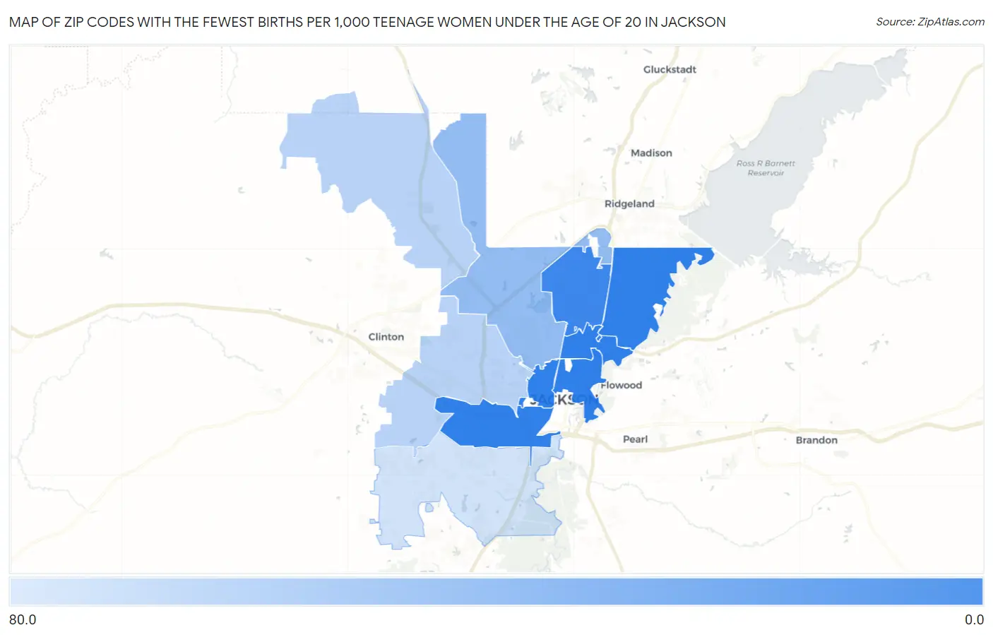 Zip Codes with the Fewest Births per 1,000 Teenage Women Under the Age of 20 in Jackson Map