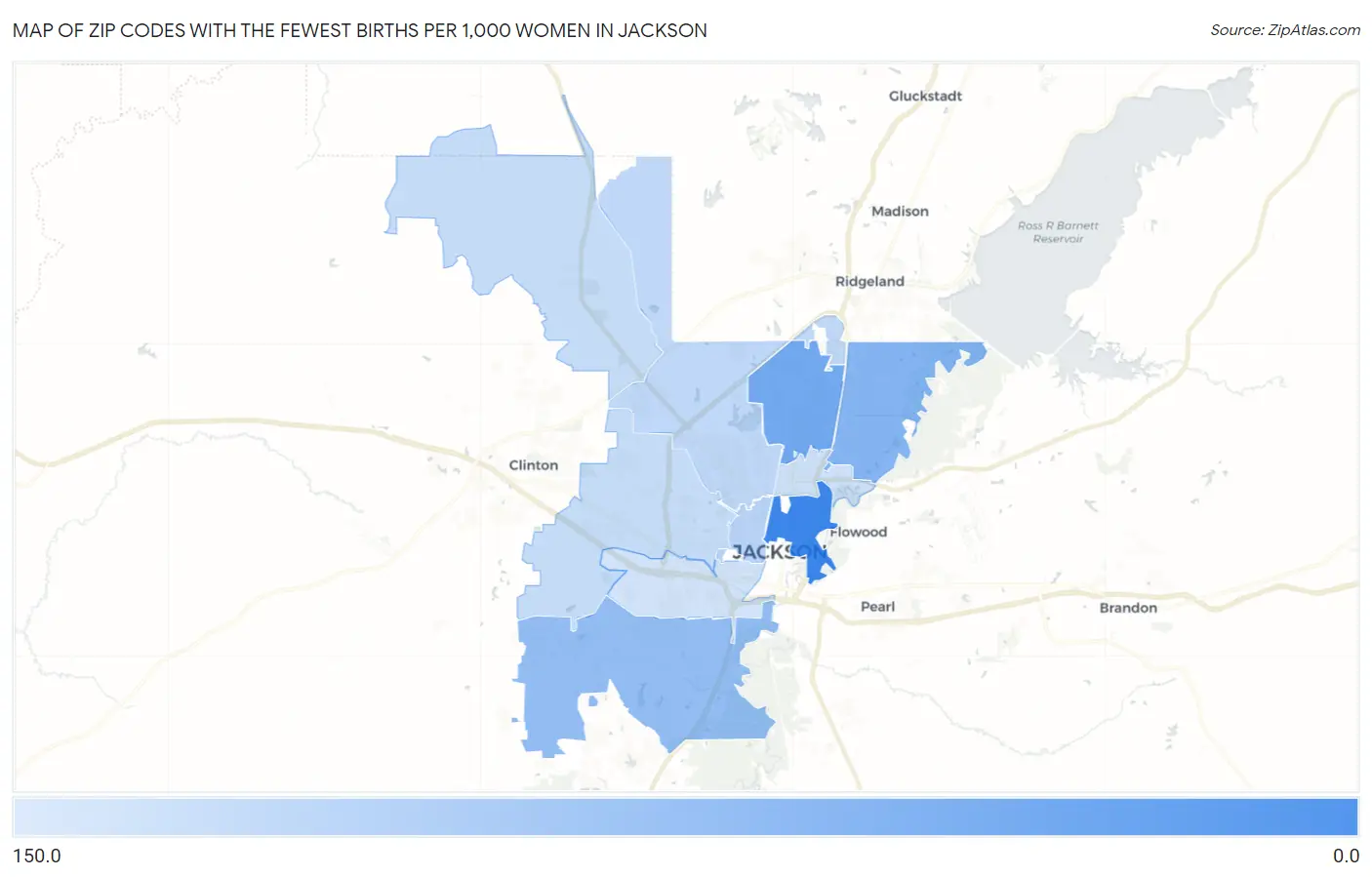 Zip Codes with the Fewest Births per 1,000 Women in Jackson Map
