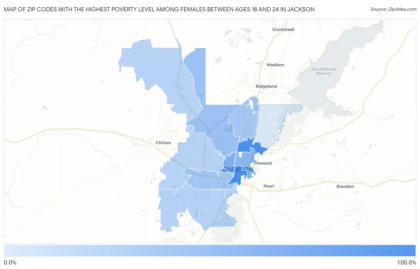 Zip Codes with the Highest Poverty Level Among Females Between Ages 18 and 24 in Jackson Map