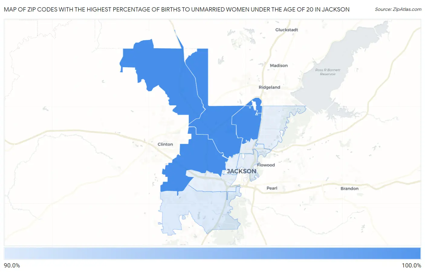 Zip Codes with the Highest Percentage of Births to Unmarried Women under the Age of 20 in Jackson Map