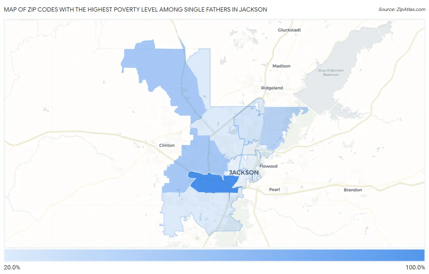 Zip Codes with the Highest Poverty Level Among Single Fathers in Jackson Map