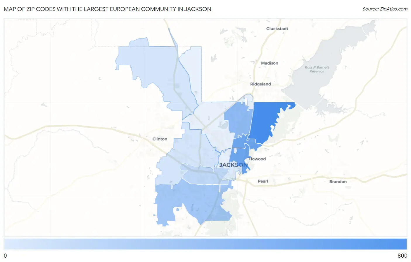 Zip Codes with the Largest European Community in Jackson Map