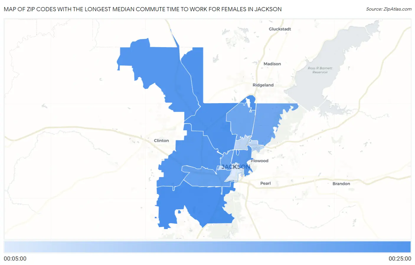 Zip Codes with the Longest Median Commute Time to Work for Females in Jackson Map
