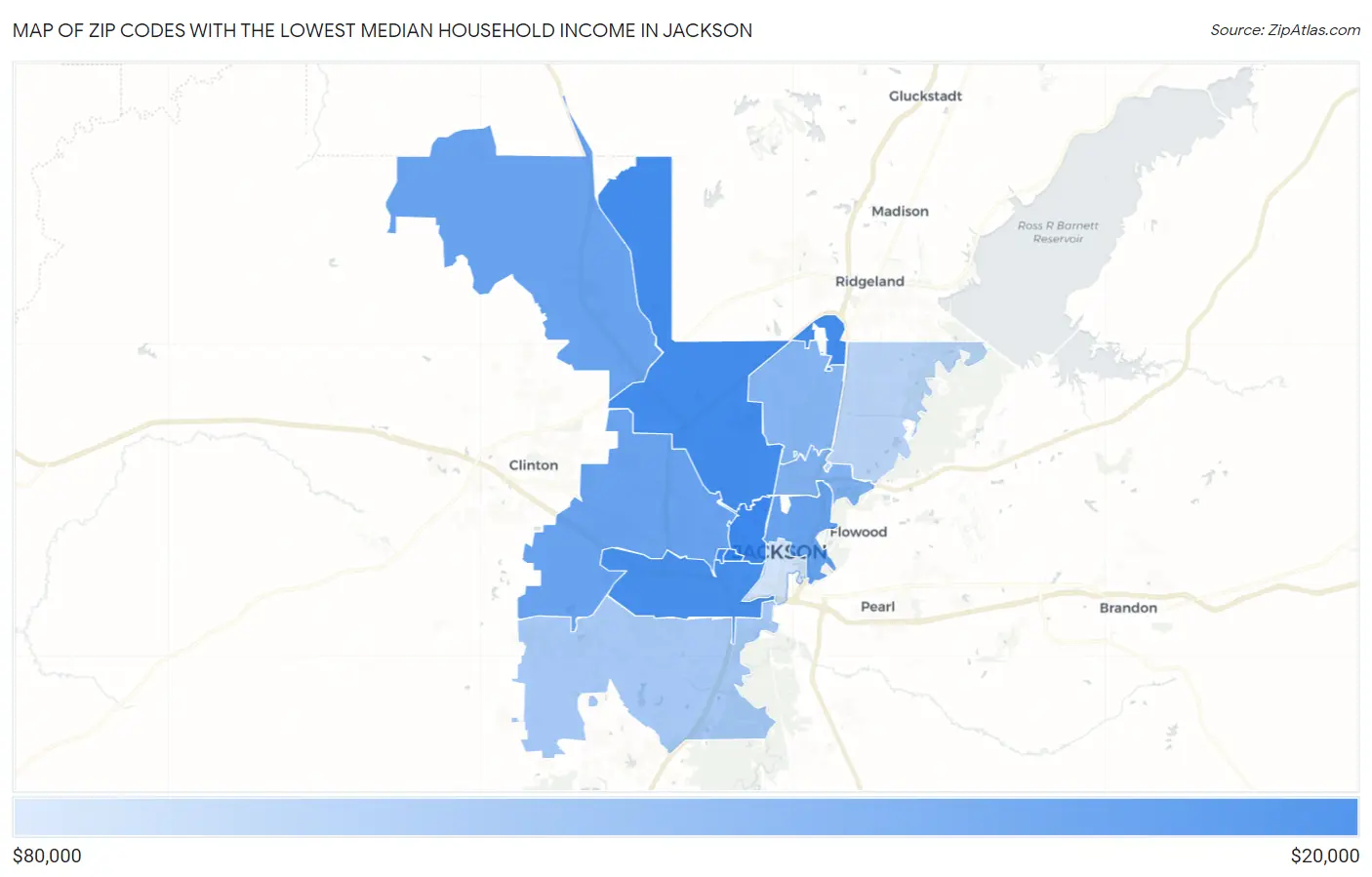 Zip Codes with the Lowest Median Household Income in Jackson Map