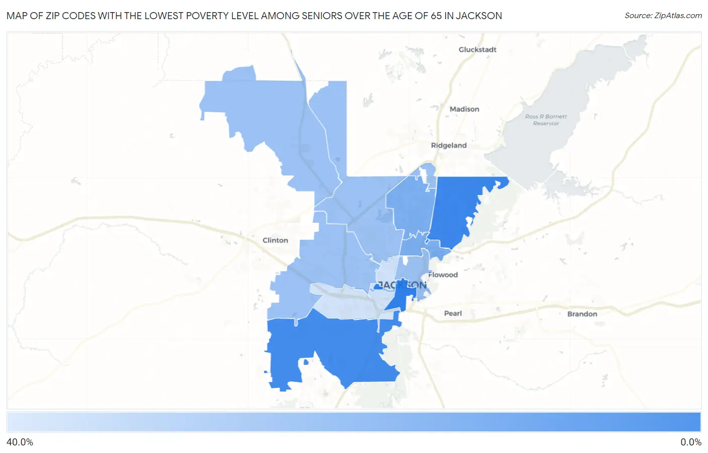 Zip Codes with the Lowest Poverty Level Among Seniors Over the Age of 65 in Jackson Map