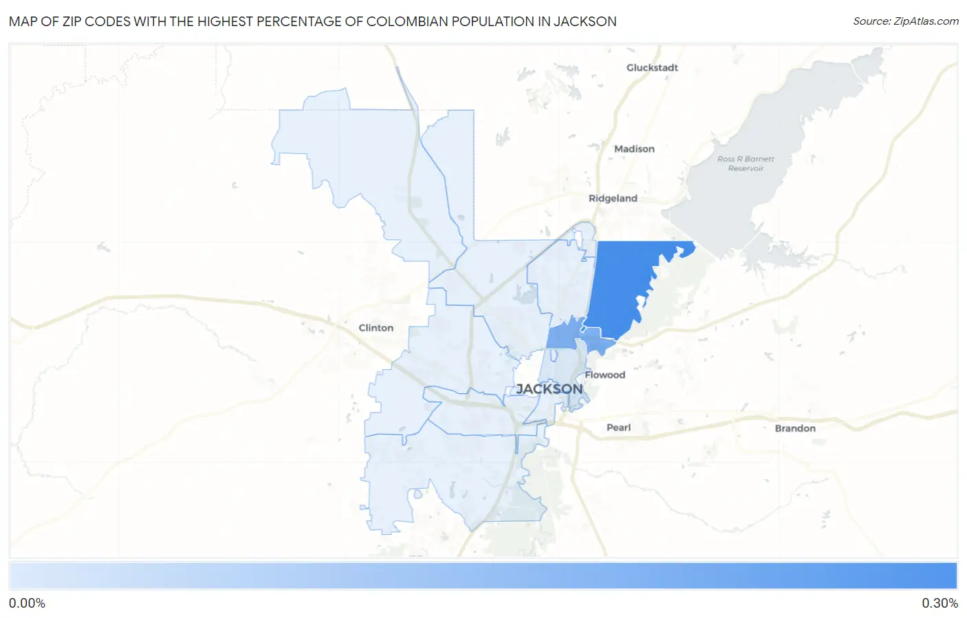 Zip Codes with the Highest Percentage of Colombian Population in Jackson Map