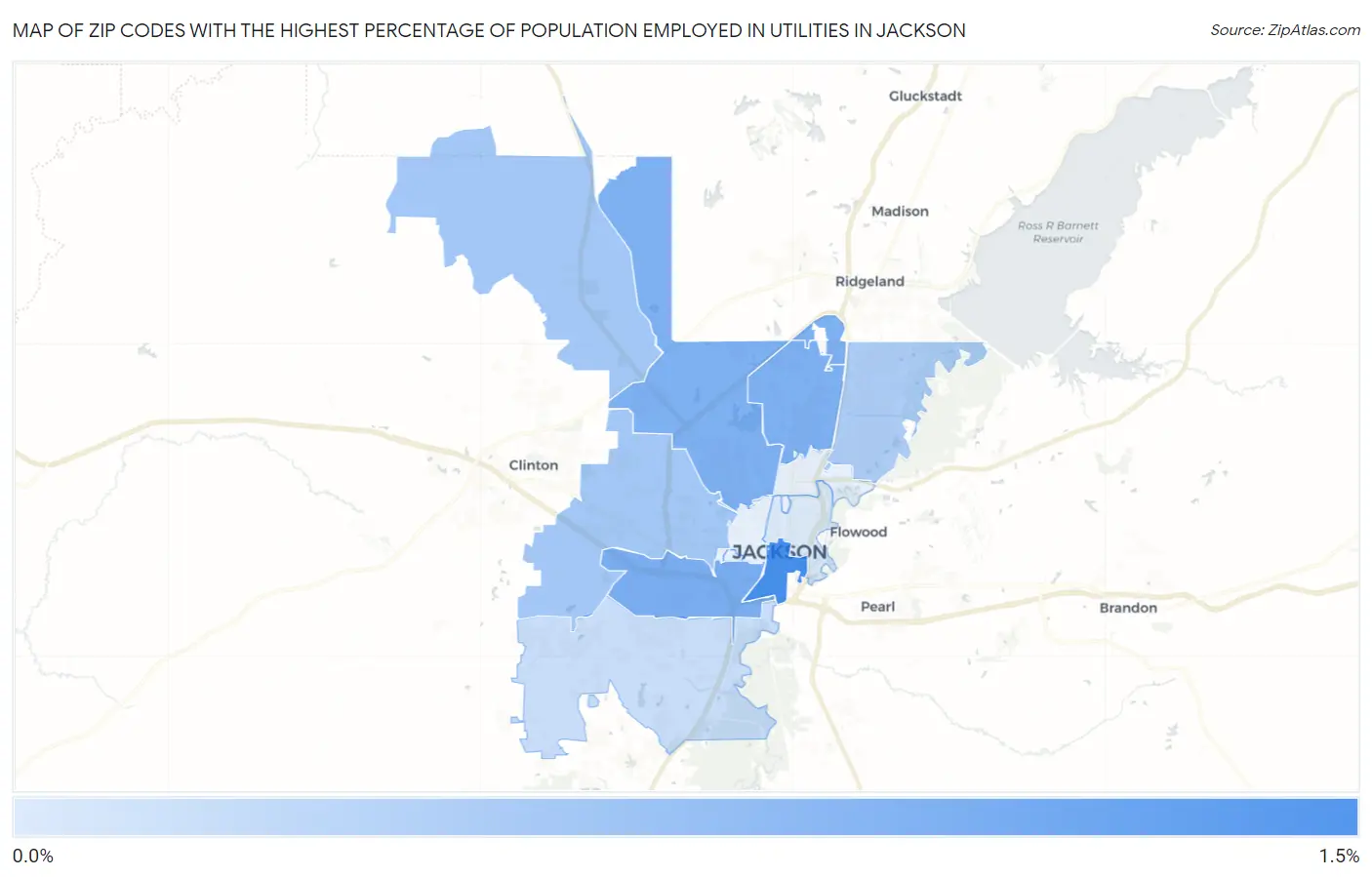 Zip Codes with the Highest Percentage of Population Employed in Utilities in Jackson Map
