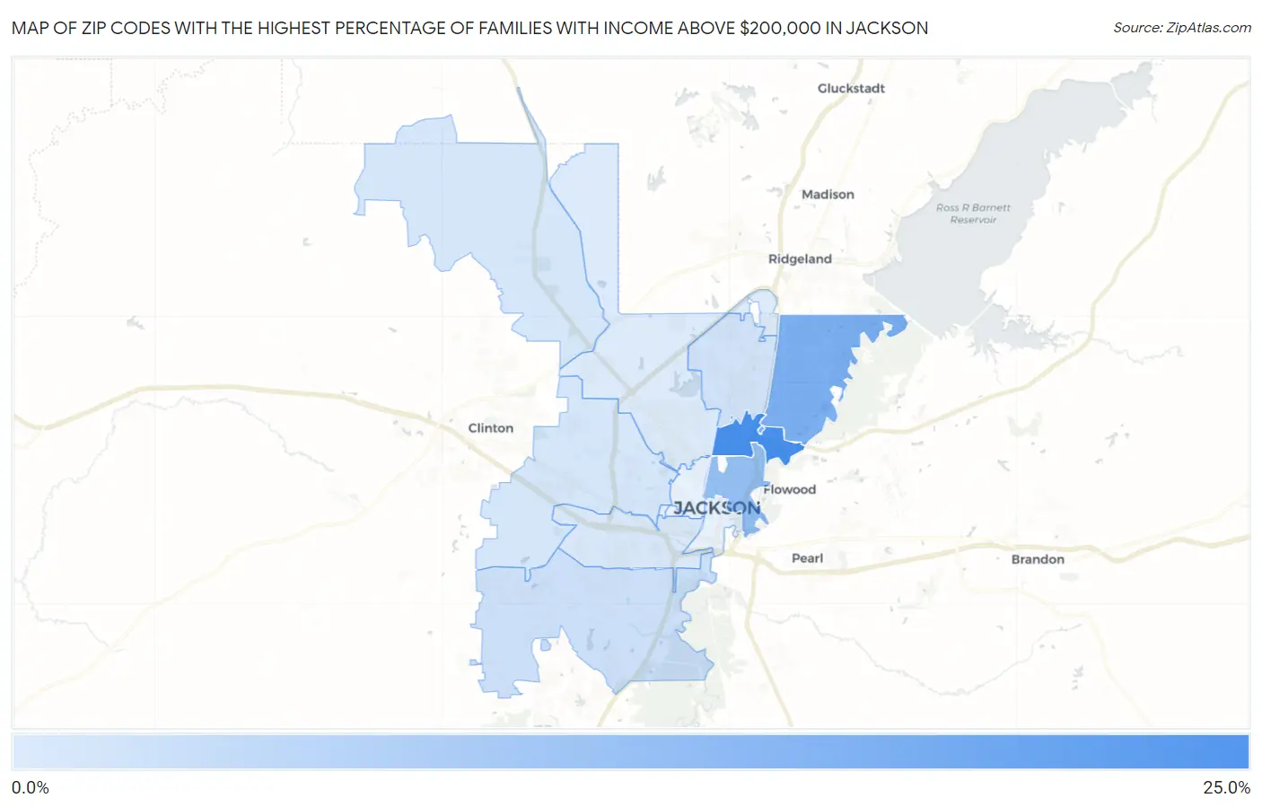 Zip Codes with the Highest Percentage of Families with Income Above $200,000 in Jackson Map