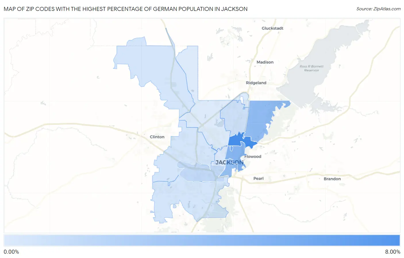 Zip Codes with the Highest Percentage of German Population in Jackson Map