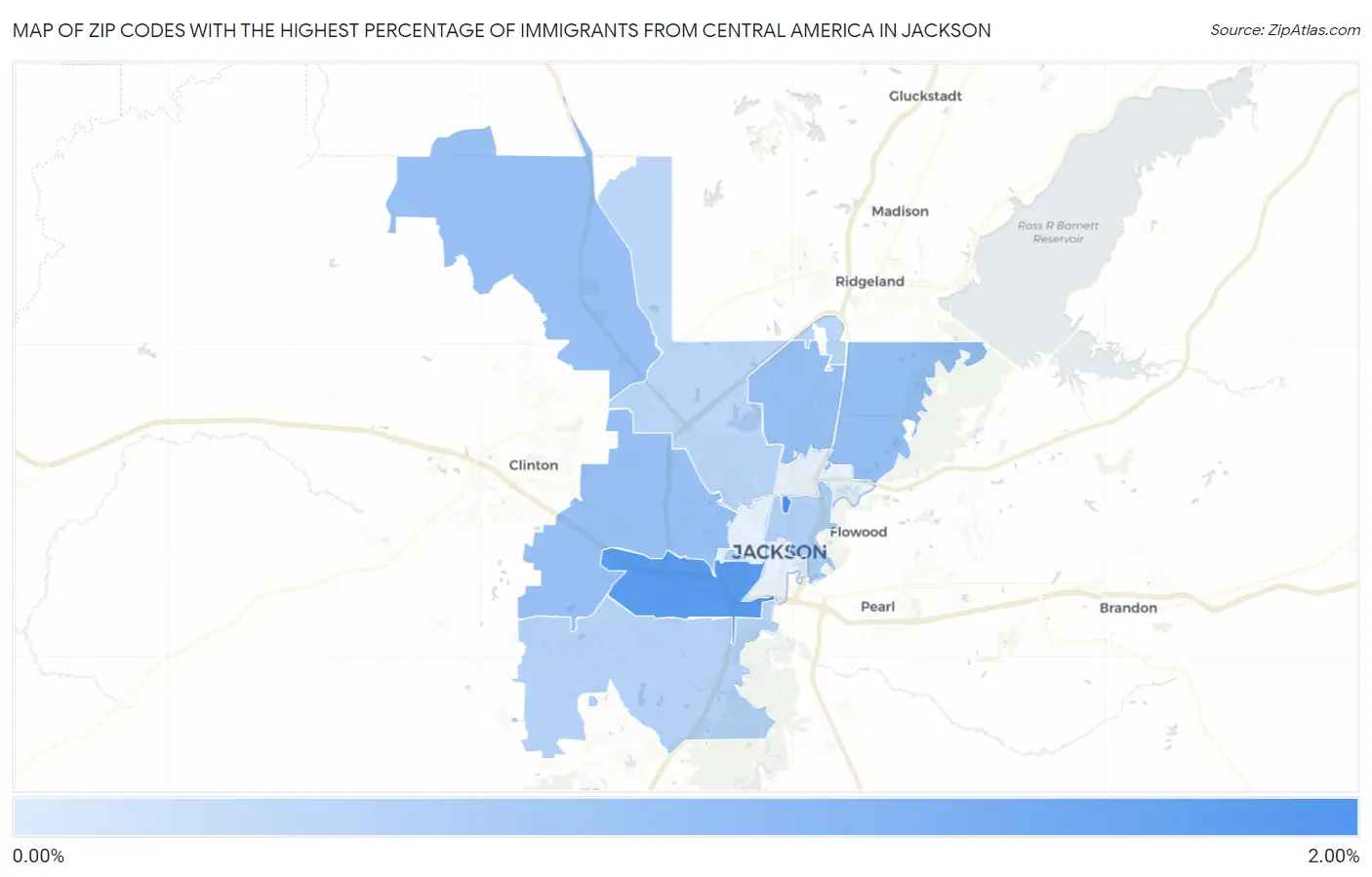 Zip Codes with the Highest Percentage of Immigrants from Central America in Jackson Map