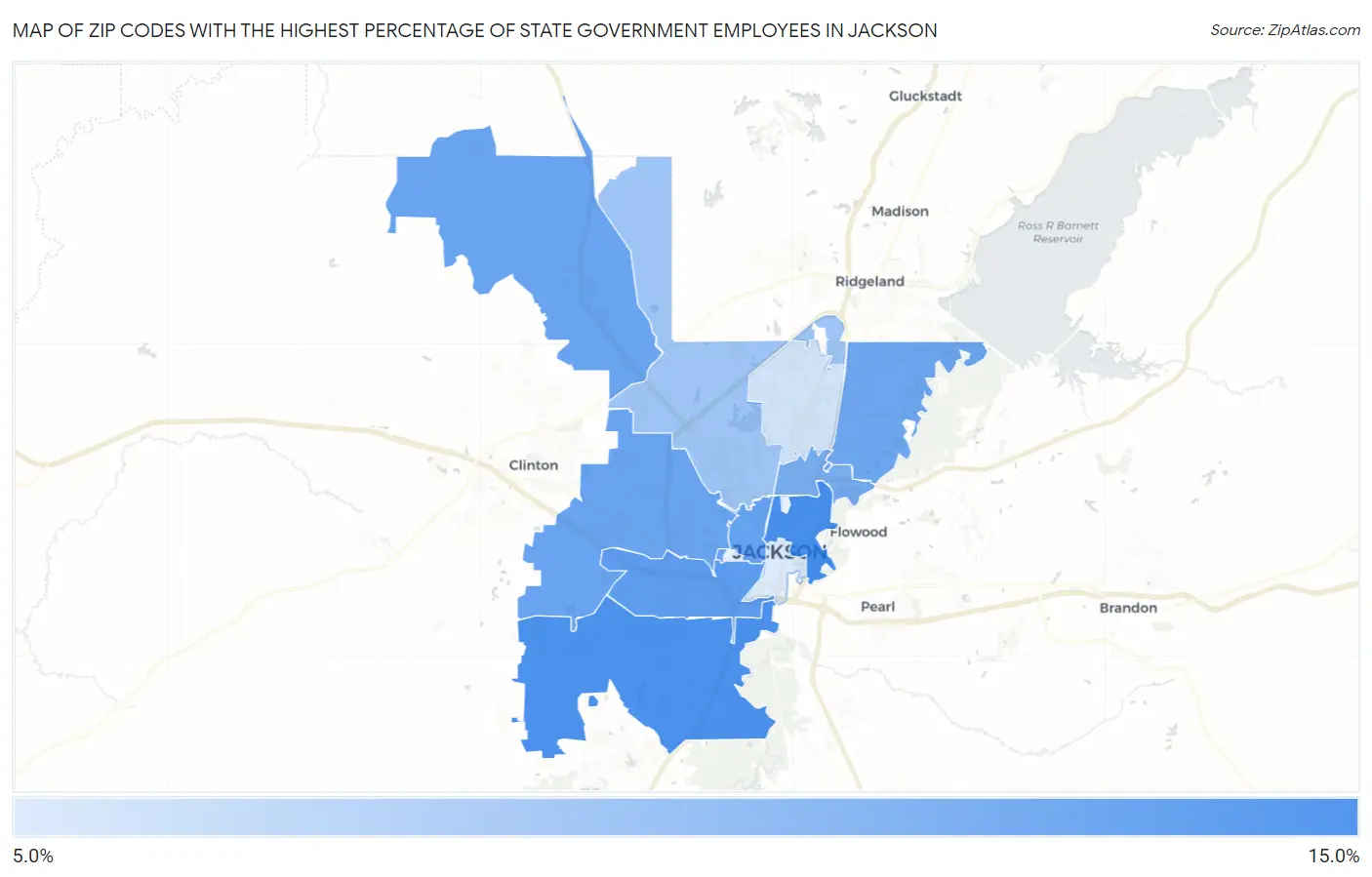 Zip Codes with the Highest Percentage of State Government Employees in Jackson Map