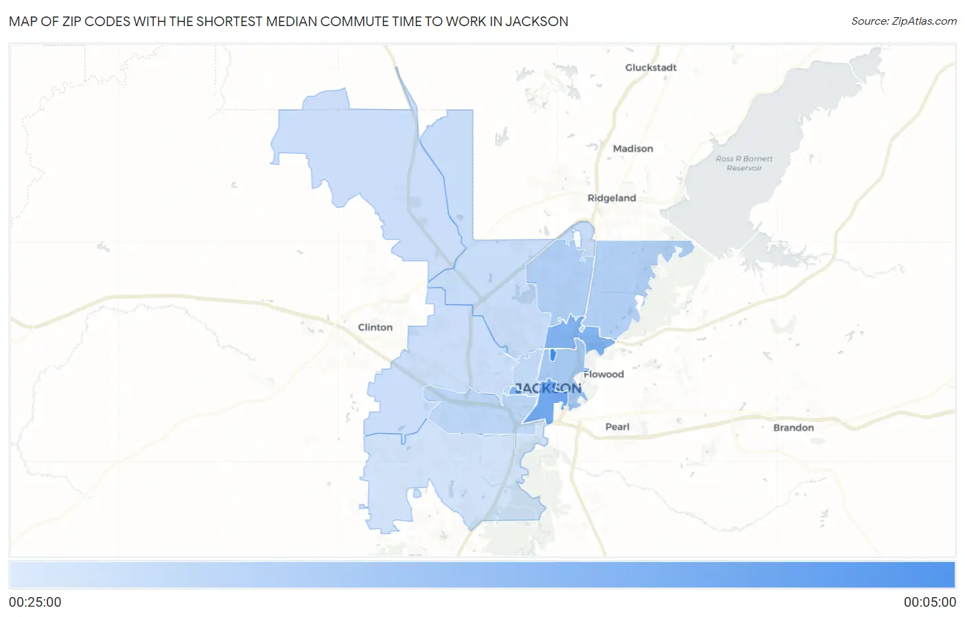Zip Codes with the Shortest Median Commute Time to Work in Jackson Map