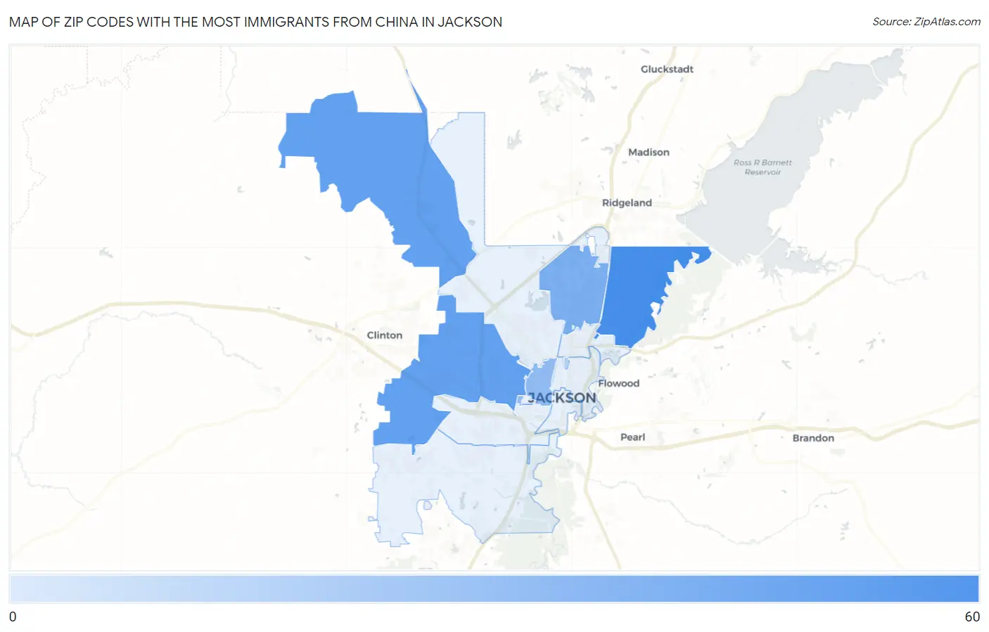 Zip Codes with the Most Immigrants from China in Jackson Map