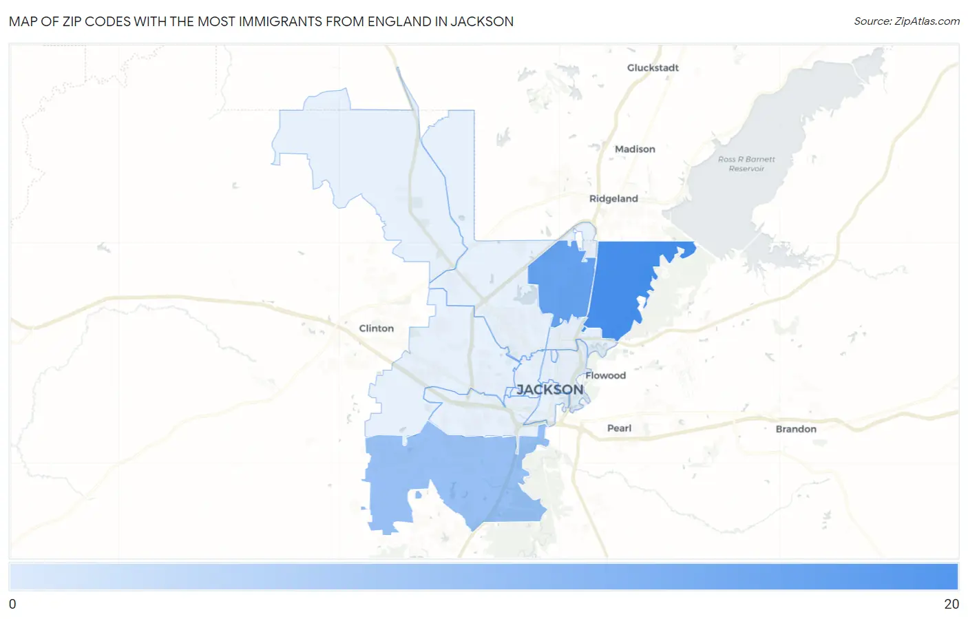 Zip Codes with the Most Immigrants from England in Jackson Map