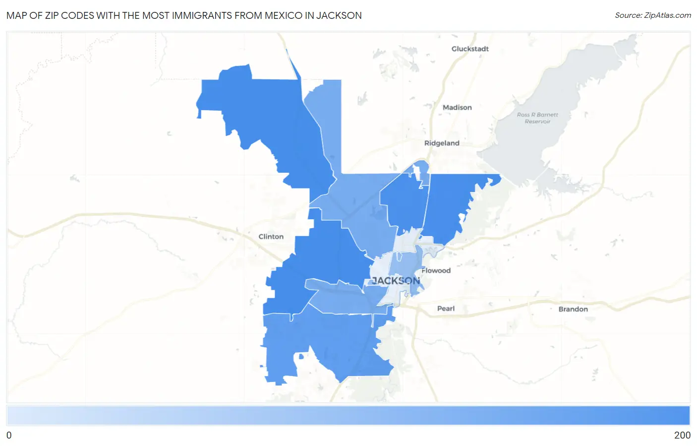 Zip Codes with the Most Immigrants from Mexico in Jackson Map