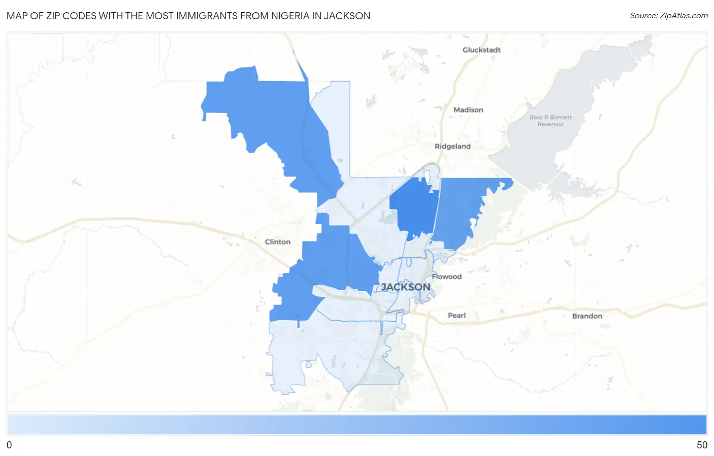 Zip Codes with the Most Immigrants from Nigeria in Jackson Map