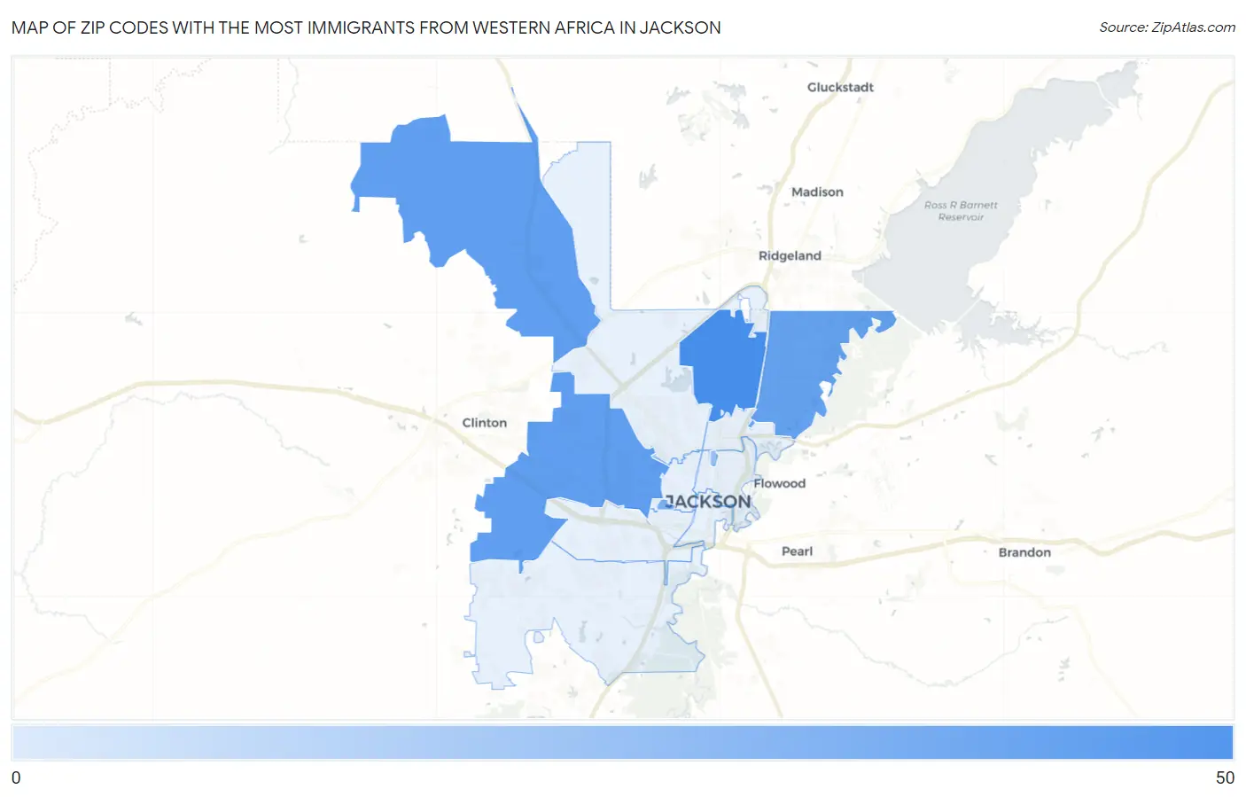 Zip Codes with the Most Immigrants from Western Africa in Jackson Map