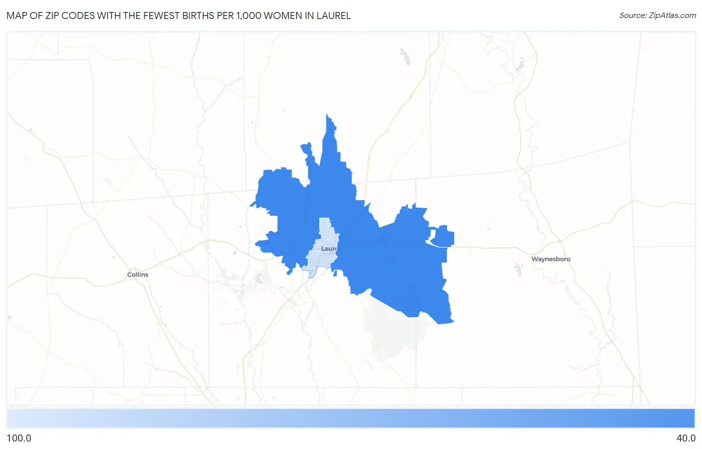 Zip Codes with the Fewest Births per 1,000 Women in Laurel Map