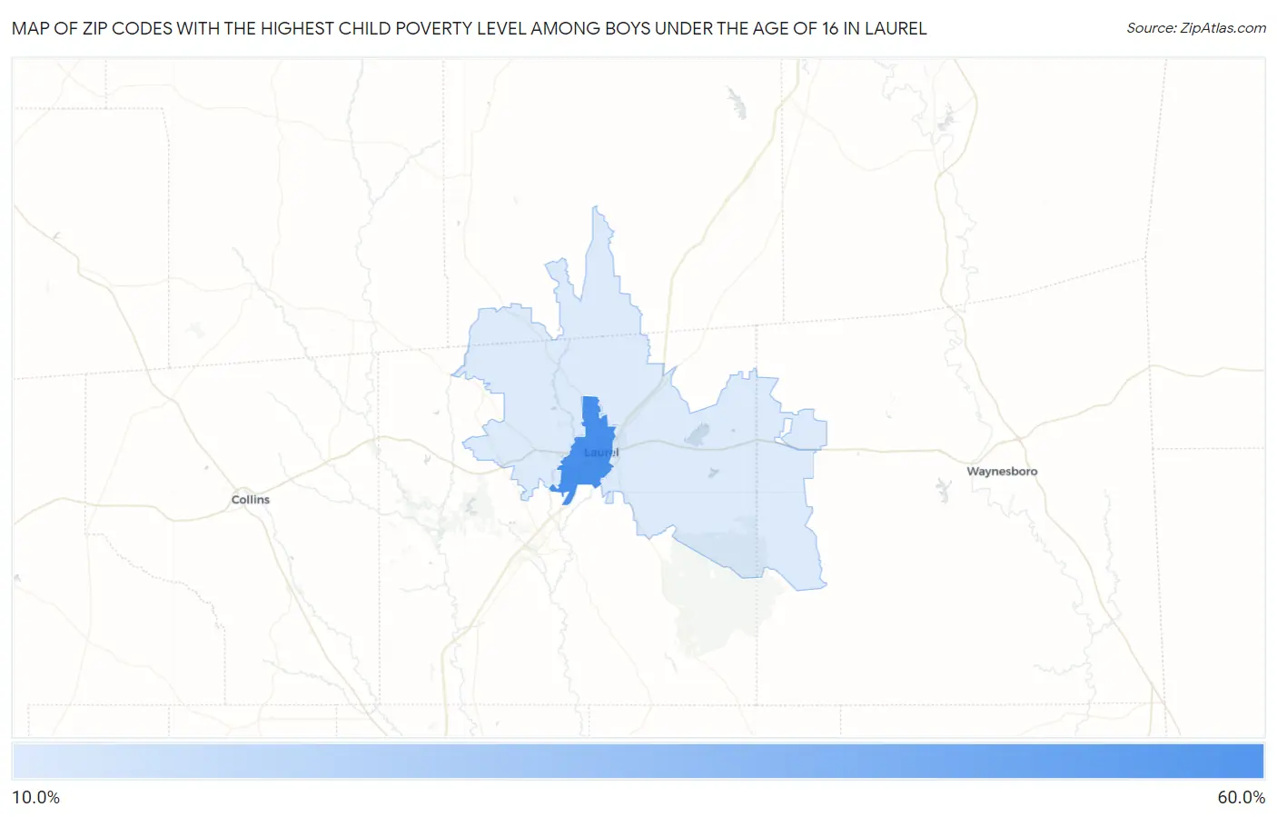 Zip Codes with the Highest Child Poverty Level Among Boys Under the Age of 16 in Laurel Map