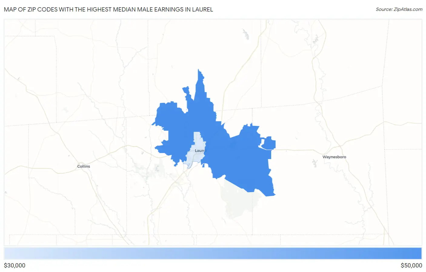 Zip Codes with the Highest Median Male Earnings in Laurel Map