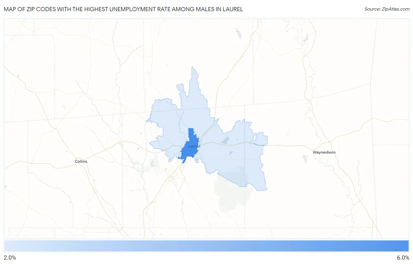 Zip Codes with the Highest Unemployment Rate Among Males in Laurel Map