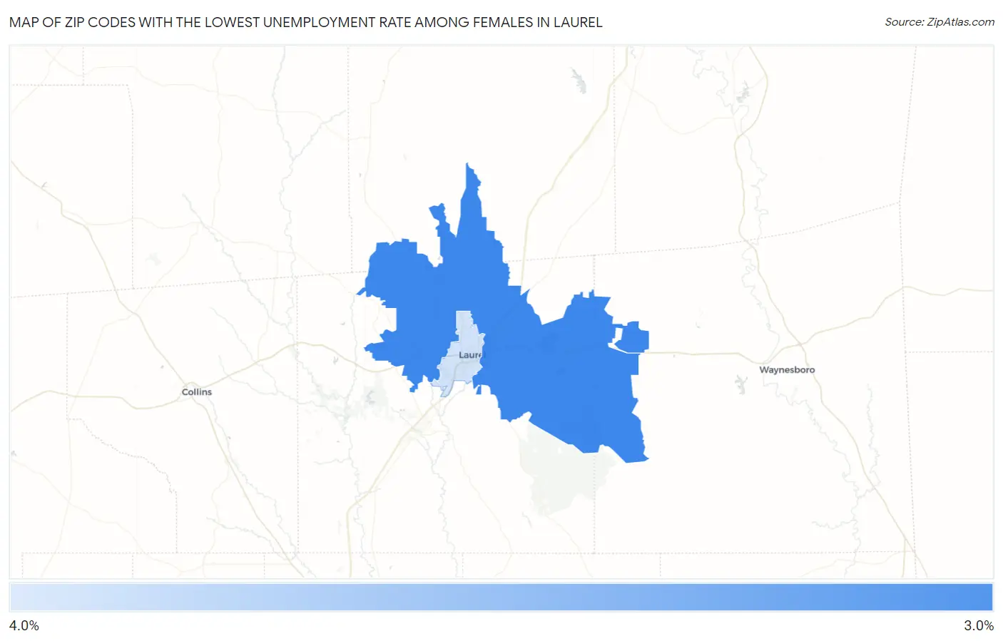 Zip Codes with the Lowest Unemployment Rate Among Females in Laurel Map
