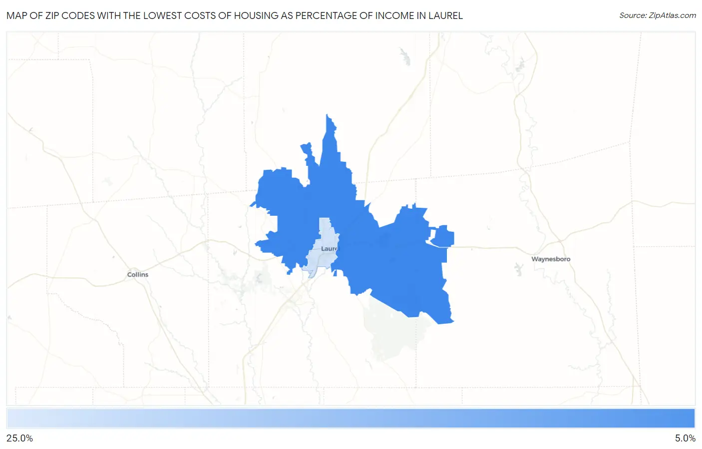 Zip Codes with the Lowest Costs of Housing as Percentage of Income in Laurel Map