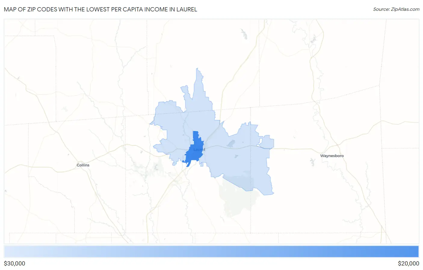 Zip Codes with the Lowest Per Capita Income in Laurel Map